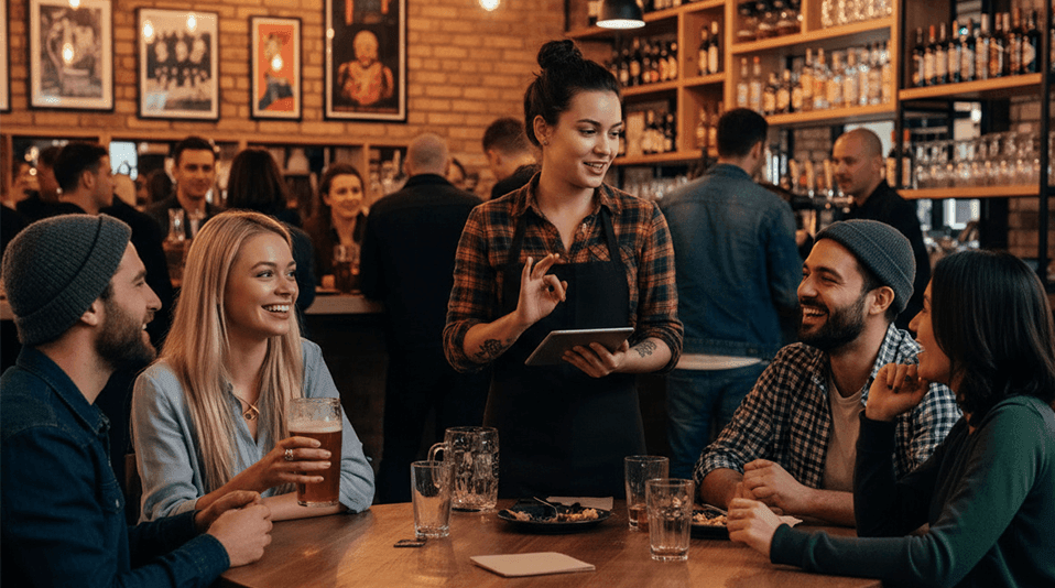 A group of people happily interacting with a waitress in a busy restaurant setting, enjoying coffee and conversation.